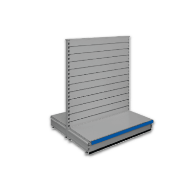 Double sided slatted gondola - retail shop shelving system - Silver & Blue