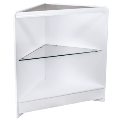 RE1519 - Open Front Corner Counter with Glass Top and Glass Shelf - White - Side View