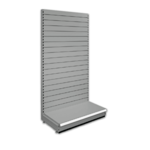 Slatted shop shelving bays - Silver 9006 & Blue