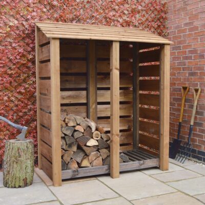 DLS-SLT-RBR - Cottesmore 6ft Log Store - Slatted Sides - Rustic Brown - Front Left View - With Logs