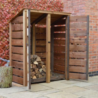 DLS-SLT-RR-DR-RBR - Cottesmore 6ft Log Store - Reversed Roof - Slatted Sides - With Doors - Rustic Brown - Front Left View - with Logs