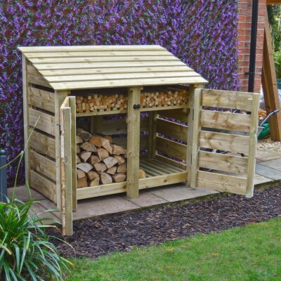 DLS4-SLT-DR-KS-LGR - Cottesmore 4ft Log Store - Slatted Sides - With Doors - With Shelf - Light Green - Front Left View - with Logs