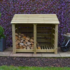 DLS4-SLT-LGR - Cottesmore 4ft Log Store - Slatted Sides - Light Green - Front View - with Logs