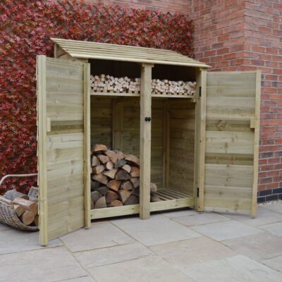 DLS6-SLD-DR-KS-LGR - Cottesmore 6ft Log Store - Solid Sides - With Doors - With Shelf - Front Left - with Logs