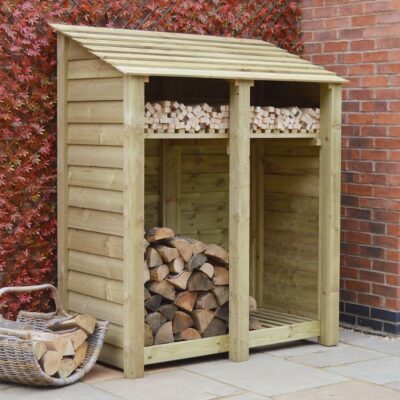 DLS6-SLD-KS-LGR - Cottesmore 6ft Log Store - Solid Sides - With Shelf - Front Left - with Logs