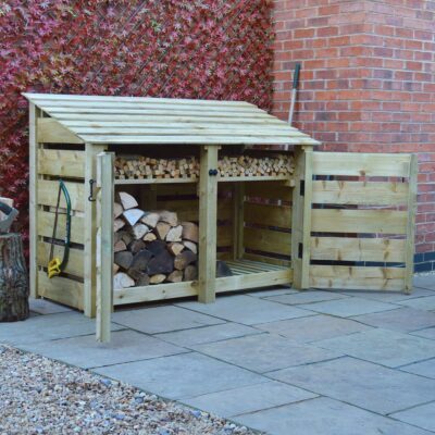 MALS-SLT-DR-KS-LGR - Hambleton 4ft Log Store - Slatted Sides - With Door - With Shelf - Light Green - Front Left View - With Logs