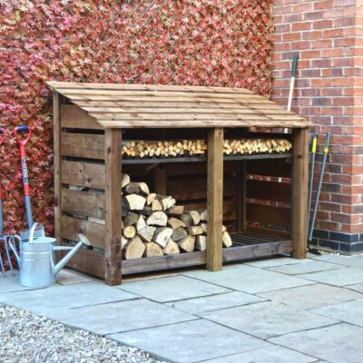 MALS-SLT-KS-RBR - Hambleton 4ft Log Store - Slatted Sides - Rustic Brown - With Shelf - Front Left View - With Logs