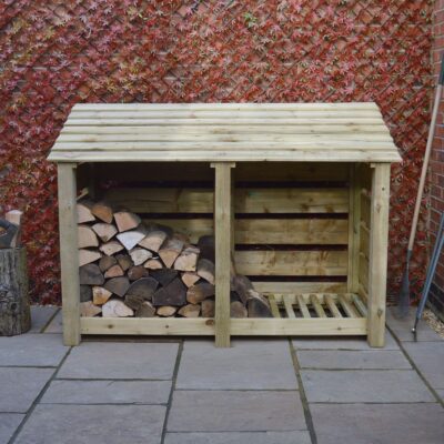 MALS-SLT-LGR - Hambleton 4ft Log Store - Slatted Sides - Light Green - Front View - with Logs