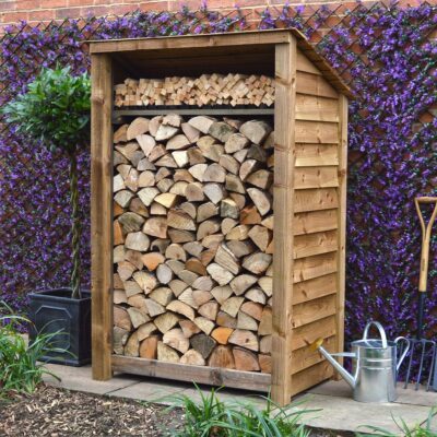 MIL6-SLD-RR-KS-RBR - Greetham 6ft Log Store - Reversed Roof - With Shelf - Rustic Brown - Front Right View - with Logs