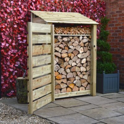 MIL6-SLT-DR-KS-LGR - Greetham 6ft Log Store - Slatted Sides - With Door - With Shelf - Light Green - Front Left View - with Logs