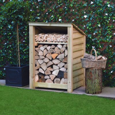 SLS4-LGR-KS-SLD-RR - Burley 4ft Log Store - Light Green - Kindling Shelf - Solid Sides - Reversed Roof - Front Side View with Logs