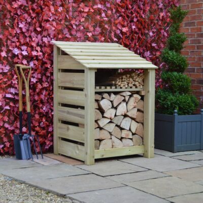 SLS4-LGR-KS-SLT - Burley 4ft Log Store - Light Green - Kindling Shelf - Slatted Sides - Front Side View with Logs 01