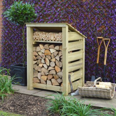 SLS4-LGR-KS-SLT-RR - Burley 4ft Log Store - Light Green - Kindling Shelf - Slatted Sides - Reversed Roof - Front Side View with Logs