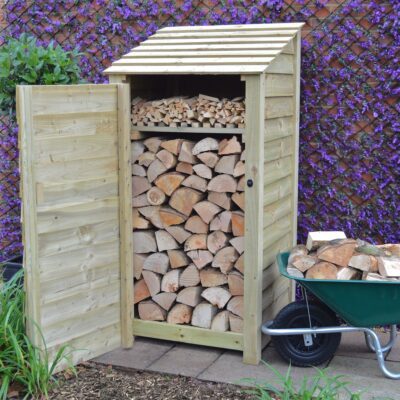 SLS6-SLD-DR-KS-LGR - Burley 6ft Log Store - Solid Sides - With Door - With Shelf - Light Green - Front Right View - with Logs