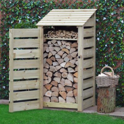 SLS6-SLT-DR-KS-LGR - Burley 6ft Log Store - Slatted Sides - With Door - With Shelf - Light Green - Front Right View - with Logs