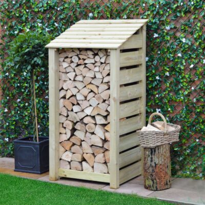 SLS6-SLT-LGR - Burley 6ft Log Store - Slatted Sides - Light Green - Front Right View - with Logs