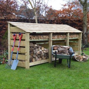 TBLS4-SLT-KS-LGR - Empingham 4ft Log Store - Slatted Sides - With Shelf - Light Green - Front Left View - With Logs