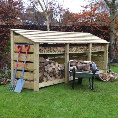 TBLS4-SLT-KS-LGR - Empingham 4ft Log Store - Slatted Sides - With Shelf - Light Green - Front Left View - With Logs