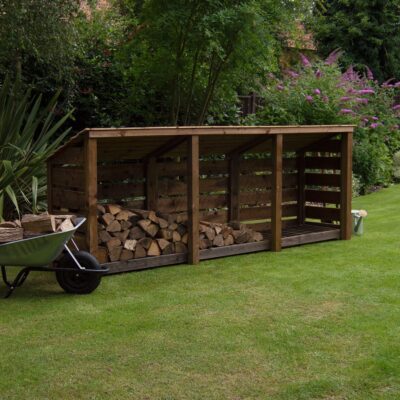 TBLS4-SLT-RR-RBR - Empingham 4ft Log Store - Slatted Sides - Reversed Roof - Rustic Brown - Front Left View - with Logs