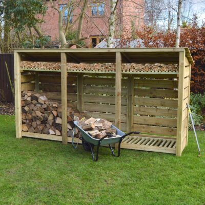 TBLS6-SLT-RR-KS-LGR - Empingham 6ft Log Store - Slatted Sides - Reversed Roof - With Shelf - Light Green - Front Right View - With Logs