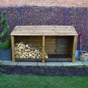 TRLS4-SLD-RBR - Normanton 4ft Log Store - Solid Sides - Rustic Brown - Front View - WIth Logs