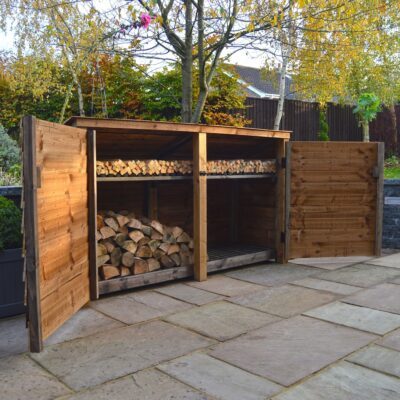 TRLS4-SLD-RR-DR-KS-RBR - Normanton 4ft Log Store - Solid Sides - Reversed Roof - With Door - With Shelf - Rustic Brown - Front Left View - With Logs