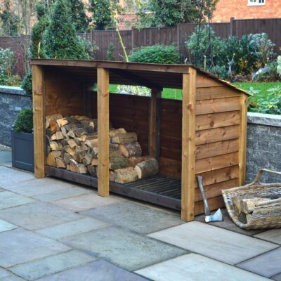 TRLS4-SLD-RR-RBR - Normanton 4ft Log Store - Solid Sides - Reversed Roof - Rustic Brown - Front Right View - With Logs