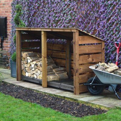 TRLS4-SLT-RR-RBR - Normanton 4ft Log Store - Slatted Sides - Reversed Roof - Rustic Brown - Front Right View - with Logs