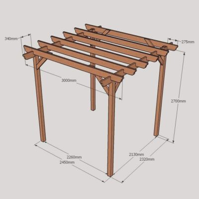 Garden Pergola – Sculpted Rafter End – 4 Post - 3.0m x 3.0m Dimensioned Drawing