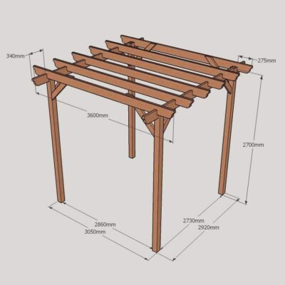 Garden Pergola – Sculpted Rafter End – 4 Post - 3.6m x 3.6m Dimensioned Drawing