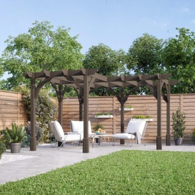 Premium Corner Pergola - Rustic Brown - Front