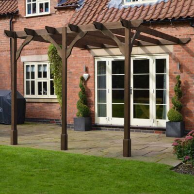 Wall Mount Premium Pergola - 3 Post - Rustic Brown - Front Right