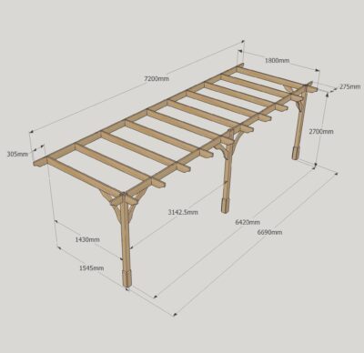 Wall Mounted Premium Pergola - 1800mm x 7200mm - 3 Post