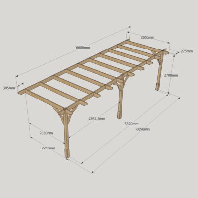 Wall Mounted Premium Pergola - 3000mm x 6600mm - 3 Post