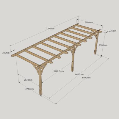 Wall Mounted Premium Pergola - 3000mm x 7200mm - 3 Post