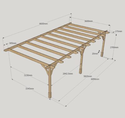 Wall Mounted Premium Pergola - 3600mm x 6600mm - 3 Post