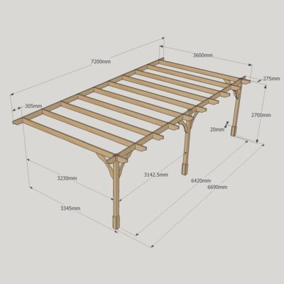 Wall Mounted Premium Pergola - 3600mm x 7200mm - 3 Post