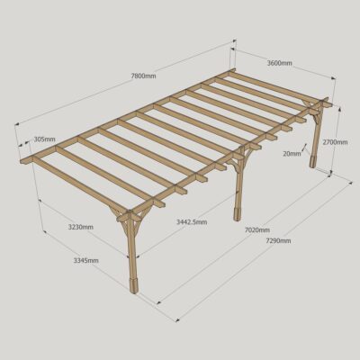 Wall Mounted Premium Pergola - 3600mm x 7800mm - 3 Post