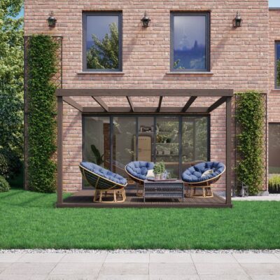 Wall Mounted Box Pergola with Decking - Rustic Brown - Front View