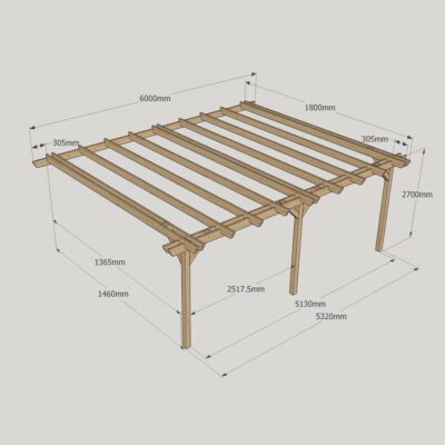 Wall Mounted Double Garden Pergola - 1800mm x 6000mm - 3 Post