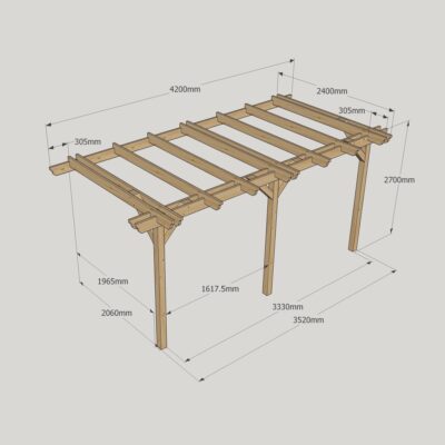 Wall Mounted Double Garden Pergola - 2400mm x 4200mm - 3 Post