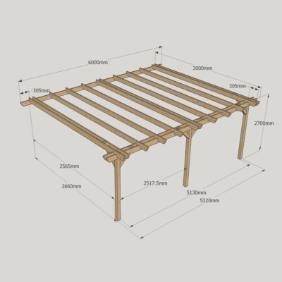 Wall Mounted Double Garden Pergola - 3000mm x 6000mm - 3 Post