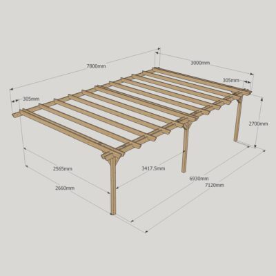 Wall Mounted Double Garden Pergola - 3000mm x 7800mm - 3 Post