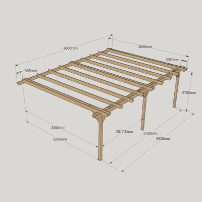 Wall Mounted Double Garden Pergola - 3600mm x 6600mm - 3 Post