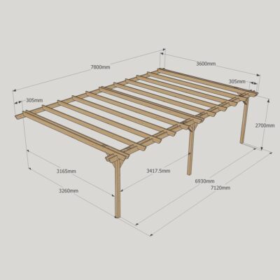 Wall Mounted Double Garden Pergola - 3600mm x 7800mm - 3 Post