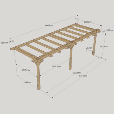 Wall Mounted Double Premium Pergola - 1800mm x 6000mm - 3 Post