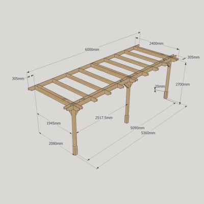 Wall Mounted Double Premium Pergola - 2400mm x 6000mm - 3 Post