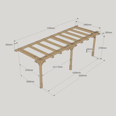 Wall Mounted Double Premium Pergola - 2400mm x 7200mm - 3 Post