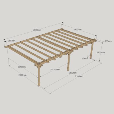 Wall Mounted Double Premium Pergola - 2400mm x 7800mm - 3 Post