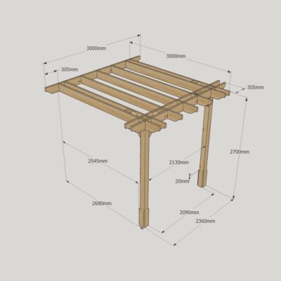 Wall Mounted Double Premium Pergola - 3000mm x 3000mm - 2 Post